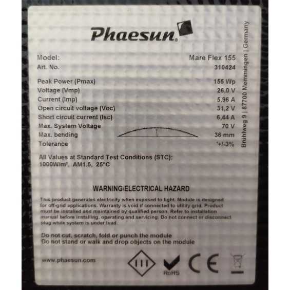 150W pannello flessibile Phaesun Mare Flex 120 150W pannello flessibile Phaesun Mare Flex 120