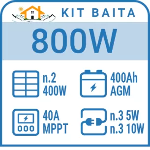 Kit solare a isola 800W, batterie AGM 400Ah, 6 luci