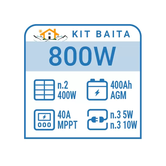 Kit solare a isola 800W, batterie AGM 400Ah, 6 luci