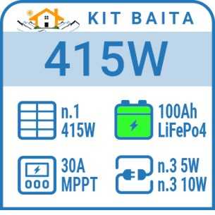 Kit solare a isola 415W, batteria Litio 2,4 kWh, 6 luci