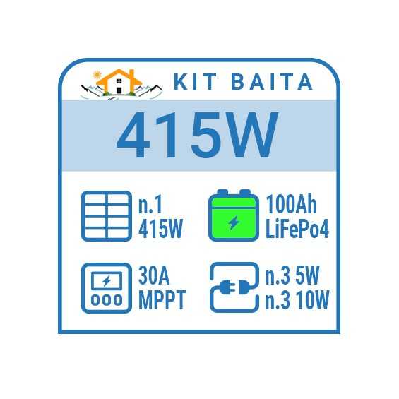 Kit solare a isola 415W, batteria Litio 2,4 kWh, 6 luci