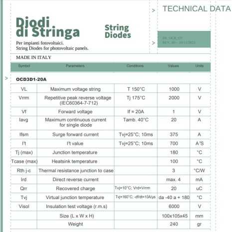Diodo di blocco 3 x 20A OCRAM montaggio a pannello