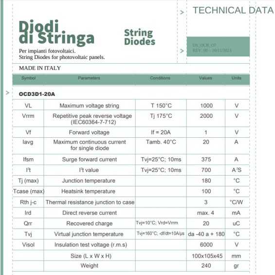Diodo di blocco 3 x 20A OCRAM montaggio a pannello