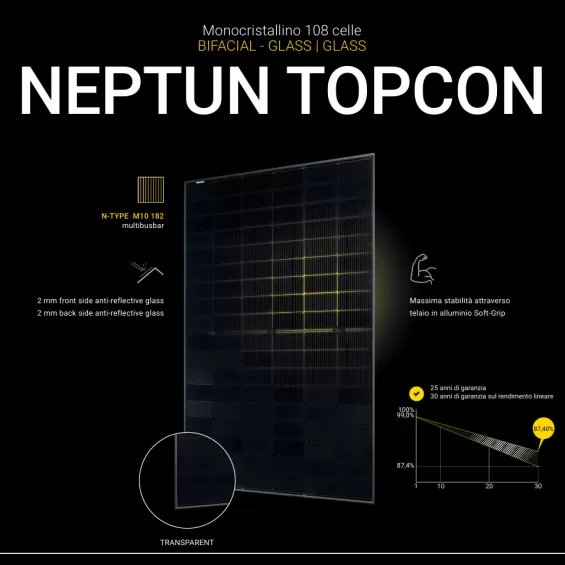 450W Pannello Fotovoltaico Monocristallino Neptun TOPCON 24V Exe Solar | Bifacciale vetro-vetro