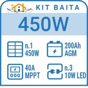 Kit solare baita 400W, batt. 200Ah, 3 luci