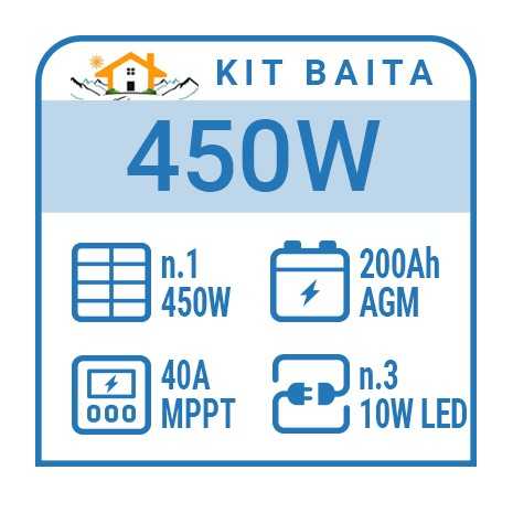 Kit solare baita 400W, batt. 200Ah, 3 luci