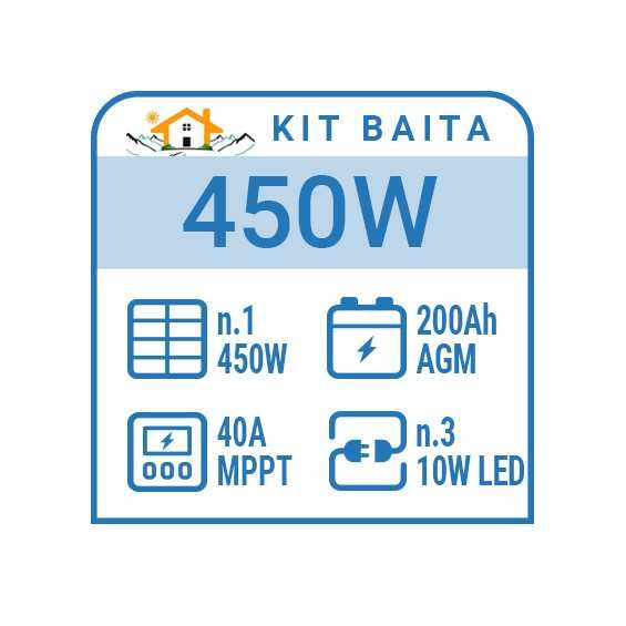 Kit solare baita 400W, batt. 200Ah, 3 luci